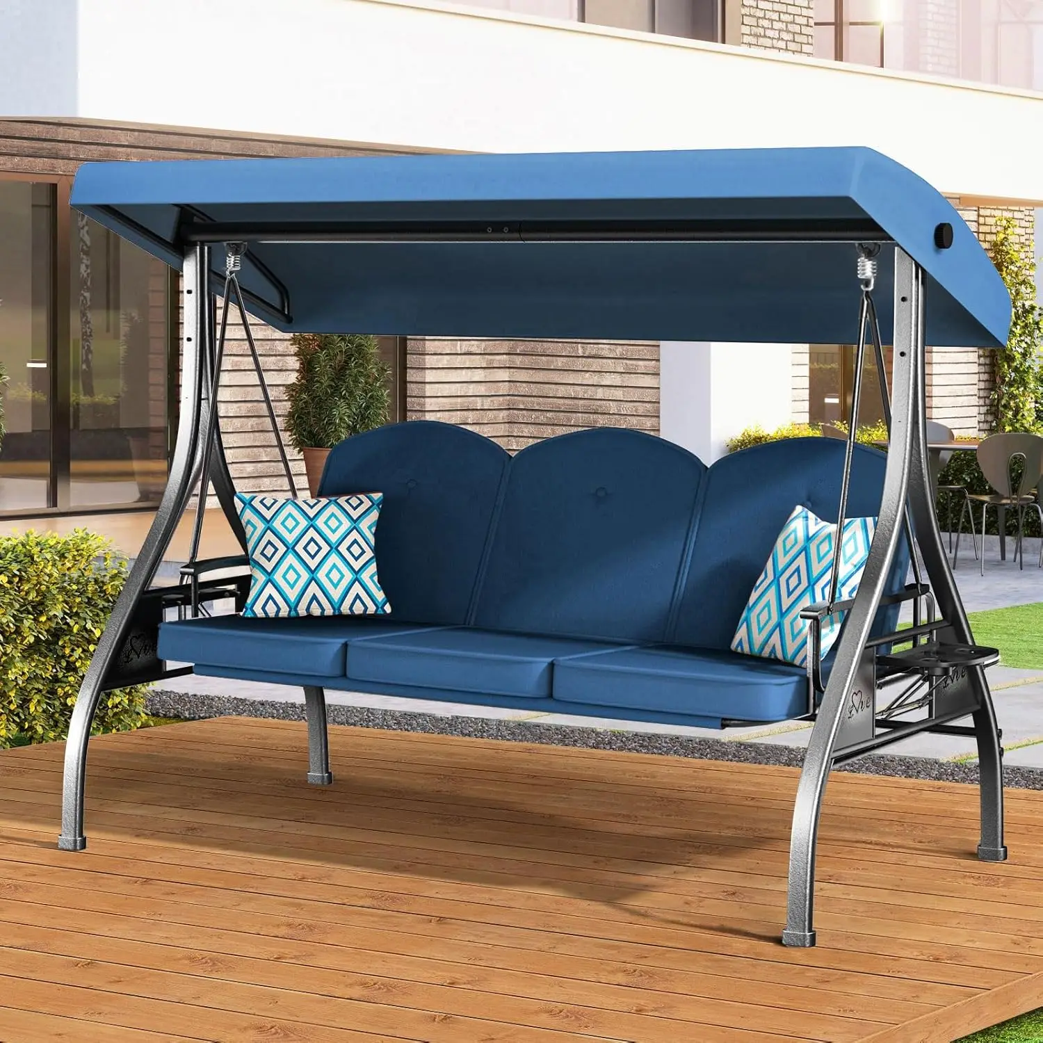 3 Seat Outdoor Patio Swing with Stand 800lbs Capacity 2-in-1 Convertible Swing Bed Adjustable Canopy Removable Customized Porch