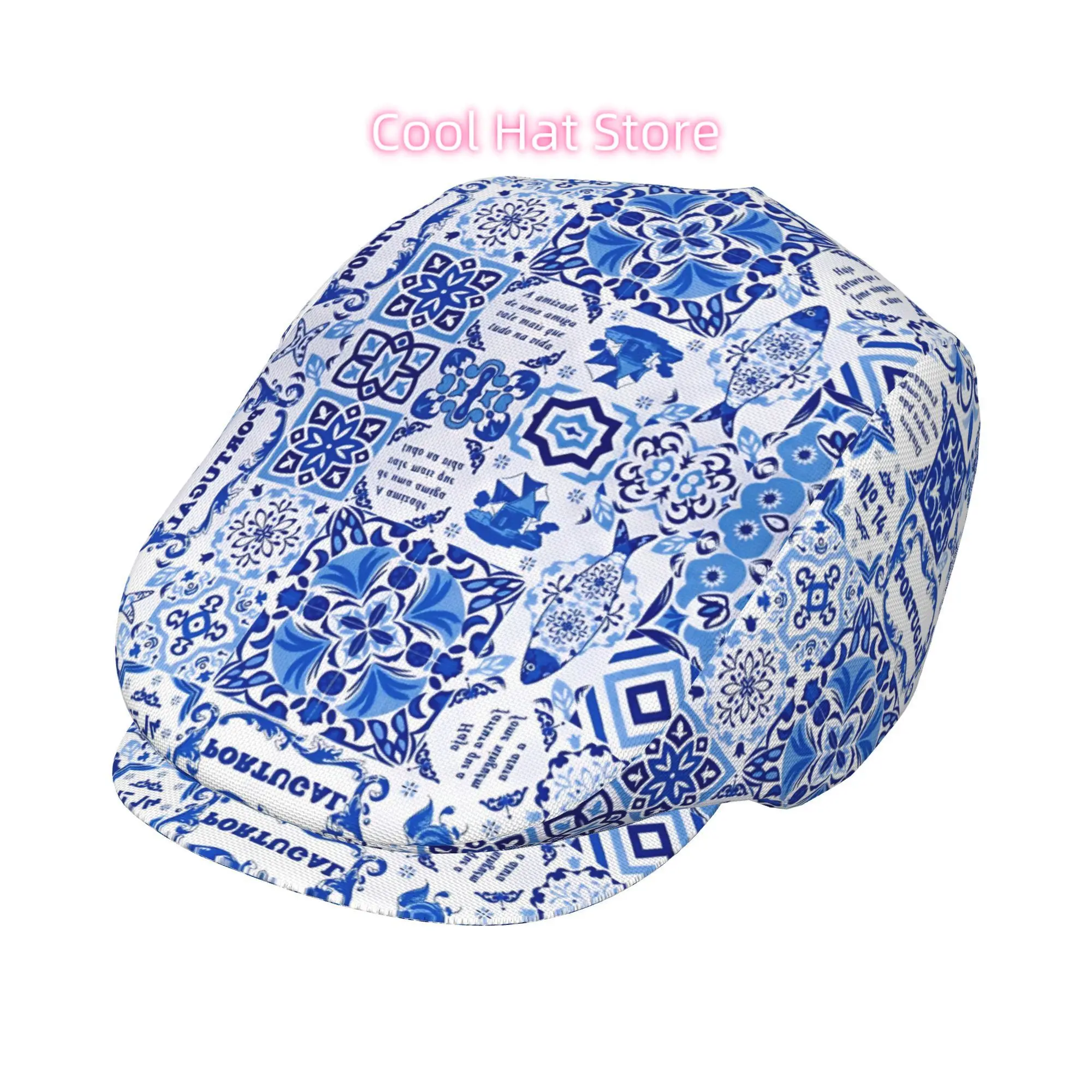 1pc Men's & Women's Portuguese Azulejo Tile Design Beret Cap - Adjustable Snapback Closure, Lightweight Polyester, Blue & White