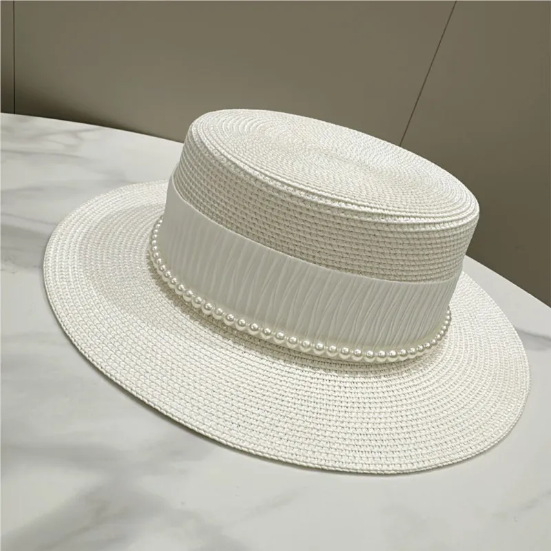 

Chain flat-topped hat for women's summer woven flat-brim travel and vacation