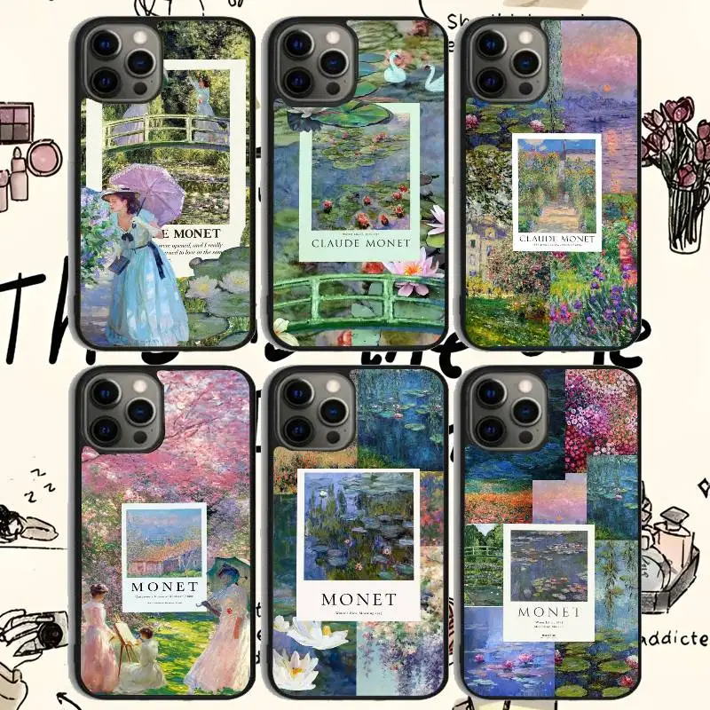 حافظة هاتف C-Claude Monet Art لهاتف 11 12 13 14 15 16Pro Max mini Plus غطاء هاتف مرآة بلوري