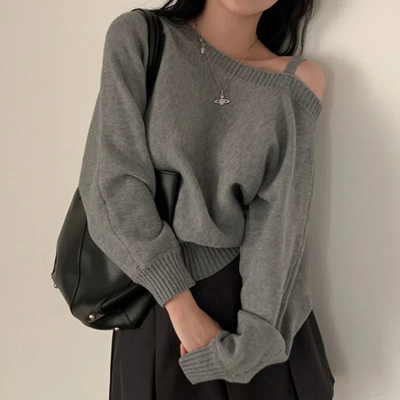 Neploe 2024 Autumn Vintage Gray Knitted Tops Women Skew Collar Off Shoulder Pullovers Long Sleeve Loose Sweaters Mujer