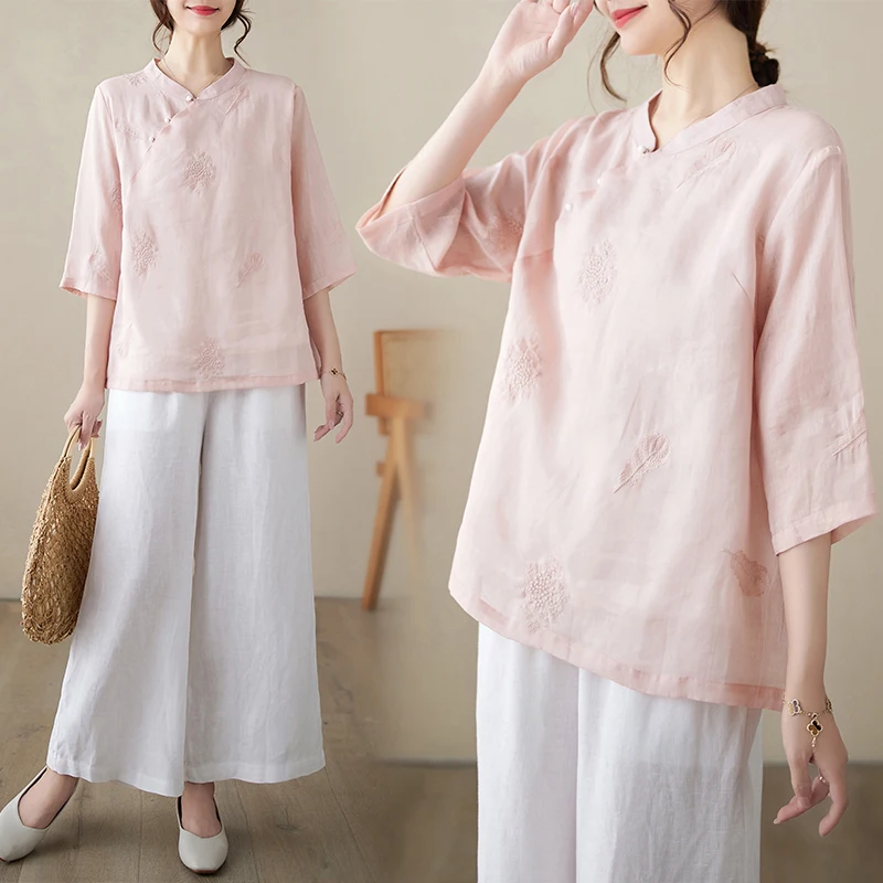 

Retro Cotton Linen Base Shirt Embroidered Stand Collar mid Sleeve T-Shirt Women plus Size Top Spring Summer New Arrival