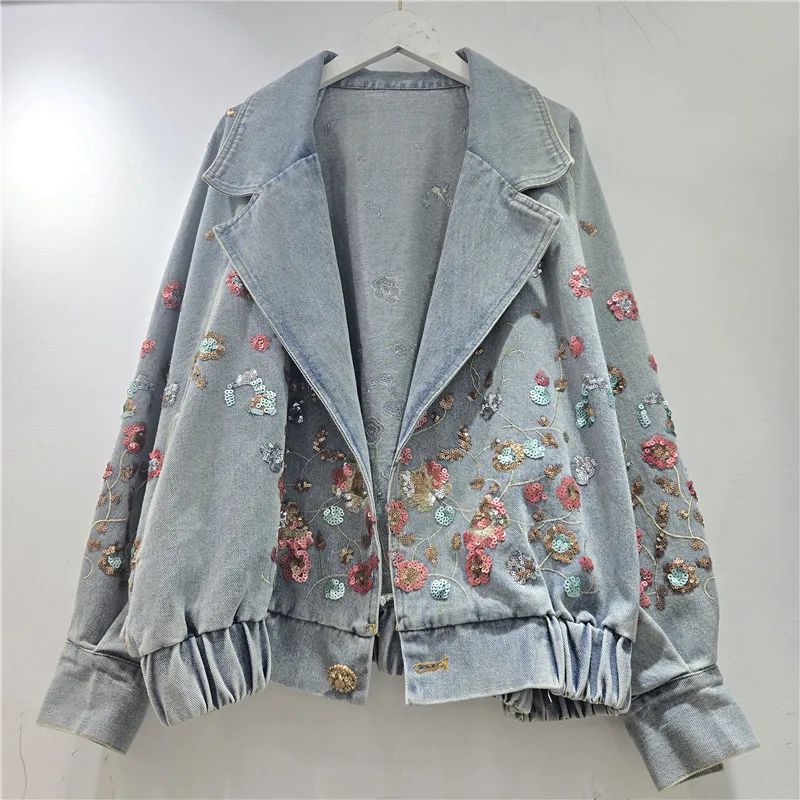 Damen-Jeansjacke mit Stickerei, Pailletten, Einzelknopf, Umlegekragen, Vintage-Waschung, Frühlings-Streetwear-Oberbekleidung