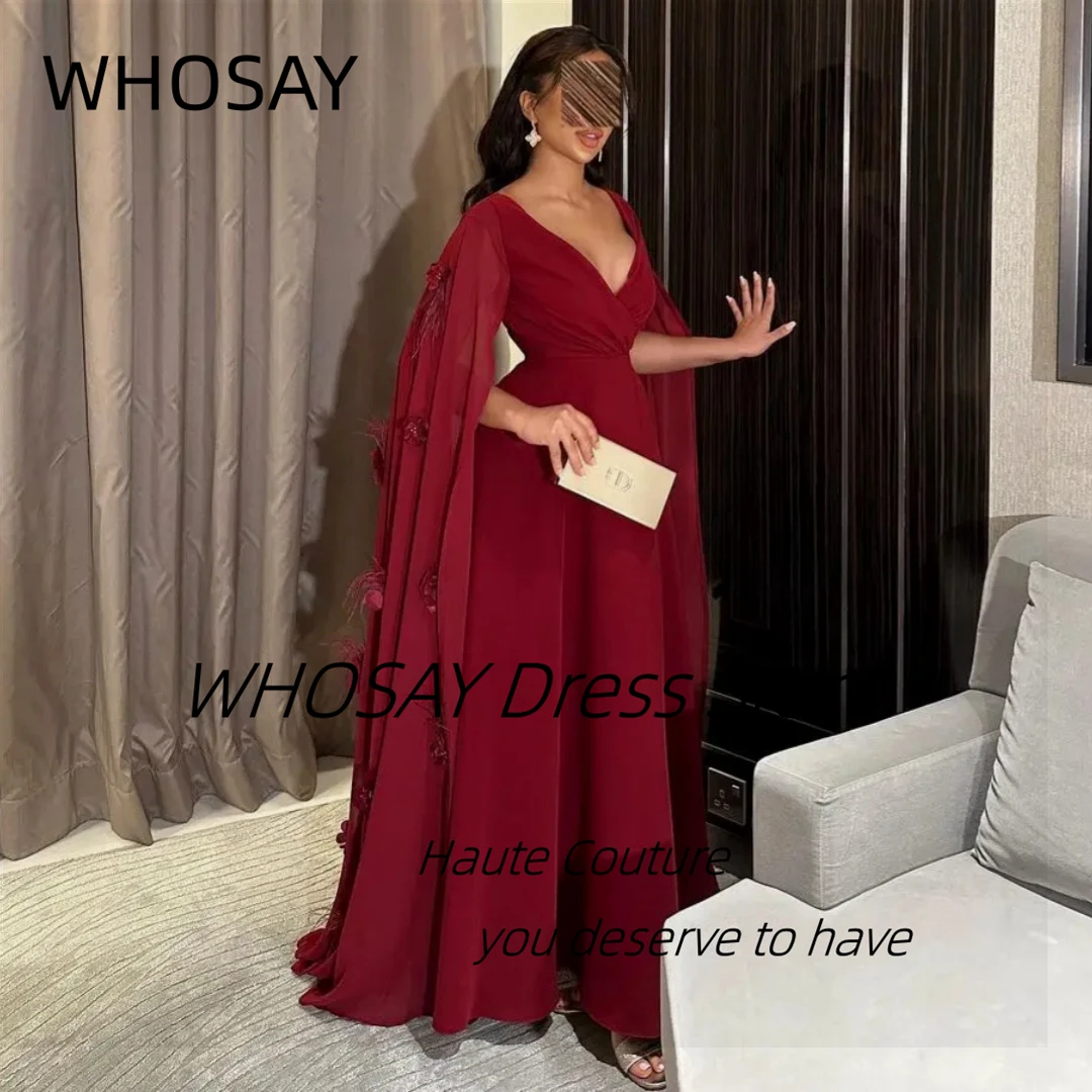 

WHOSAY فساتين سهرة Sexy V Neck Prom Dresses Feathers Flowers Sleeves Customized Evening Dress Saudi Arabia Party Gowns