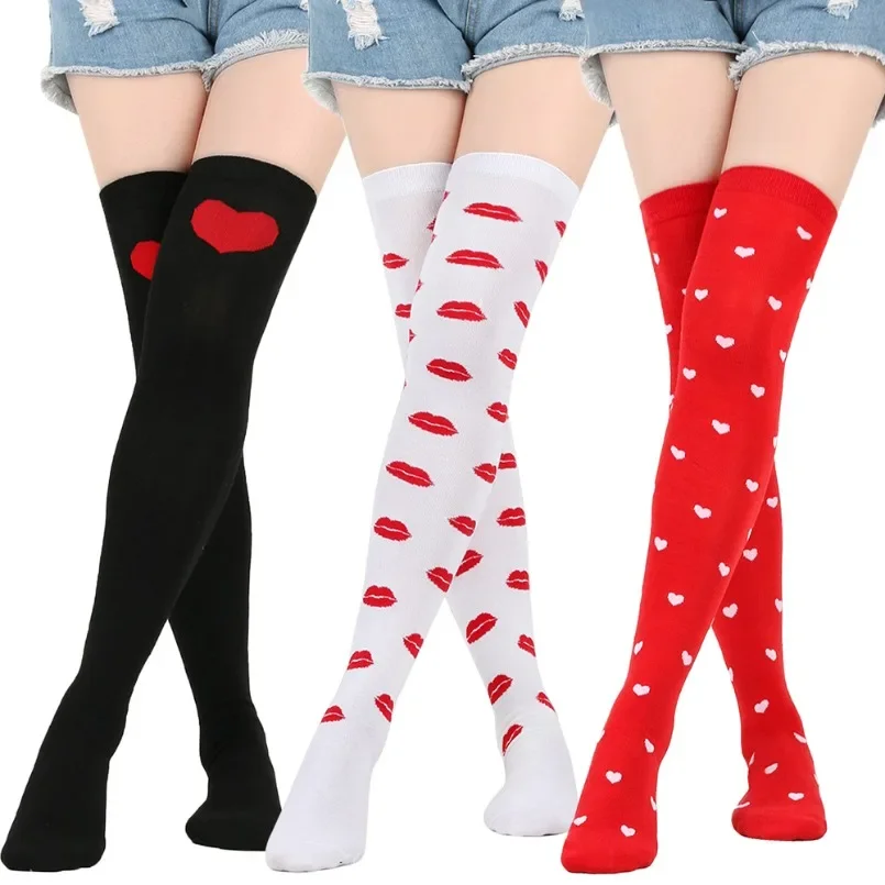 Womens Long Over Above Knee Socks Heart Love Ladies Girls Striped Thigh High Stockings Black White Cosplay Lolita Harajuku Y2k
