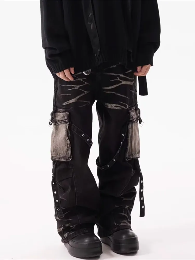 

2025 Cyber Y2K Streetwear Ripple Strap Baggy Cargo Jeans Pants For Men Designer Clothes Wide Leg Black Multi Pockets Trousers