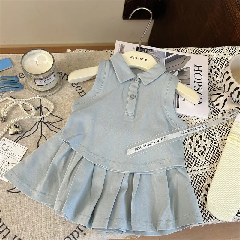 

Baby Girl Clothes Suit Korean Children 2024 New Summer Girls Collar Vest Set Children Pleated Skirt Pants Two-piece Set