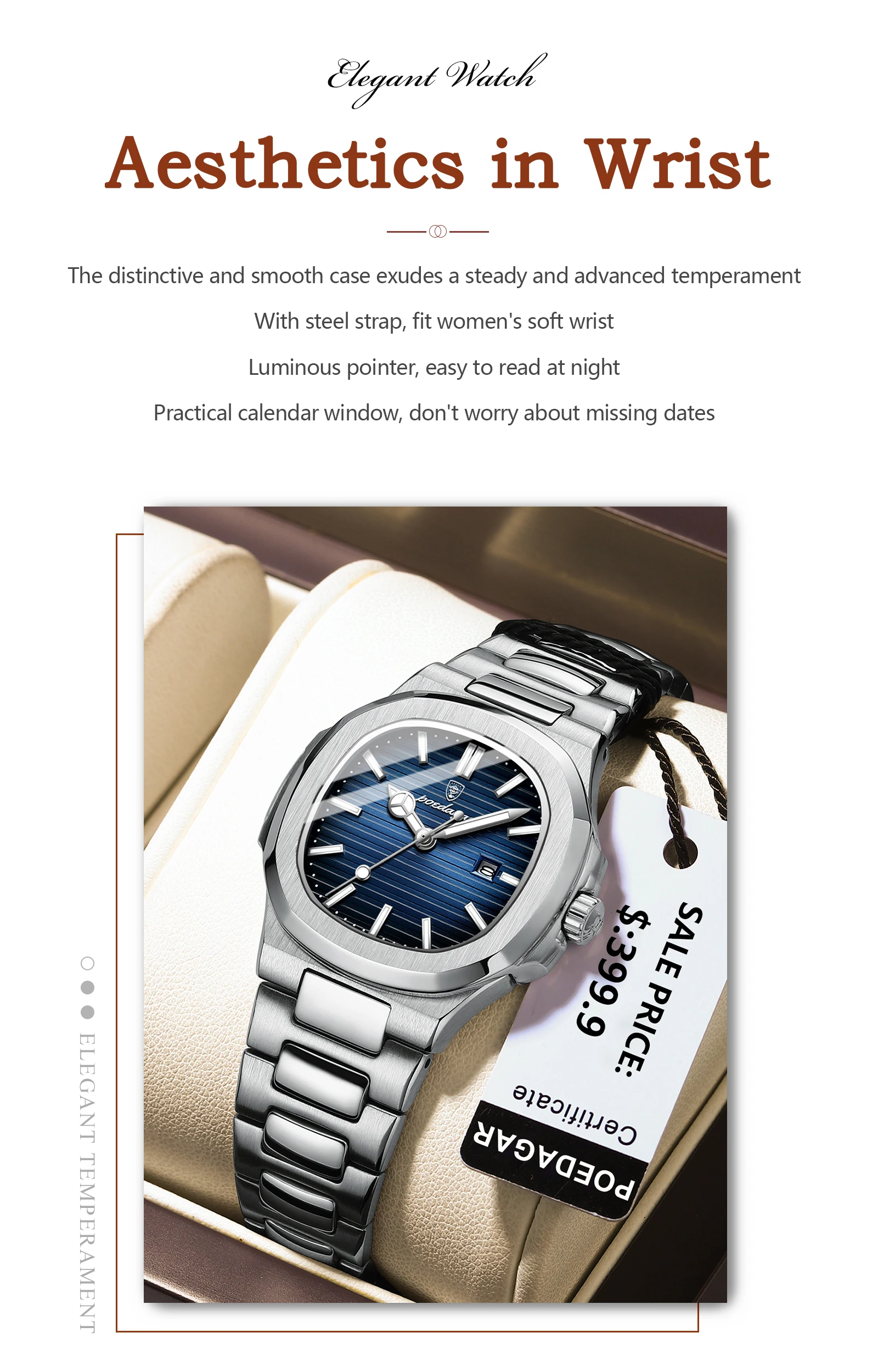 POEDAGAR Luxus Damen Quarzuhr Datum Wasserdicht Leuchtende Damen Armbanduhr Edelstahl Mode Uhren Für Frauen Reloj – Detail 3
