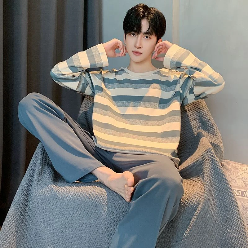 

2026 Spring Autumn Long Sleeve Casual Striped 100% Cotton Pajama Sets for Men Korean Loose Sleepwear Male Homewear Home Clothes