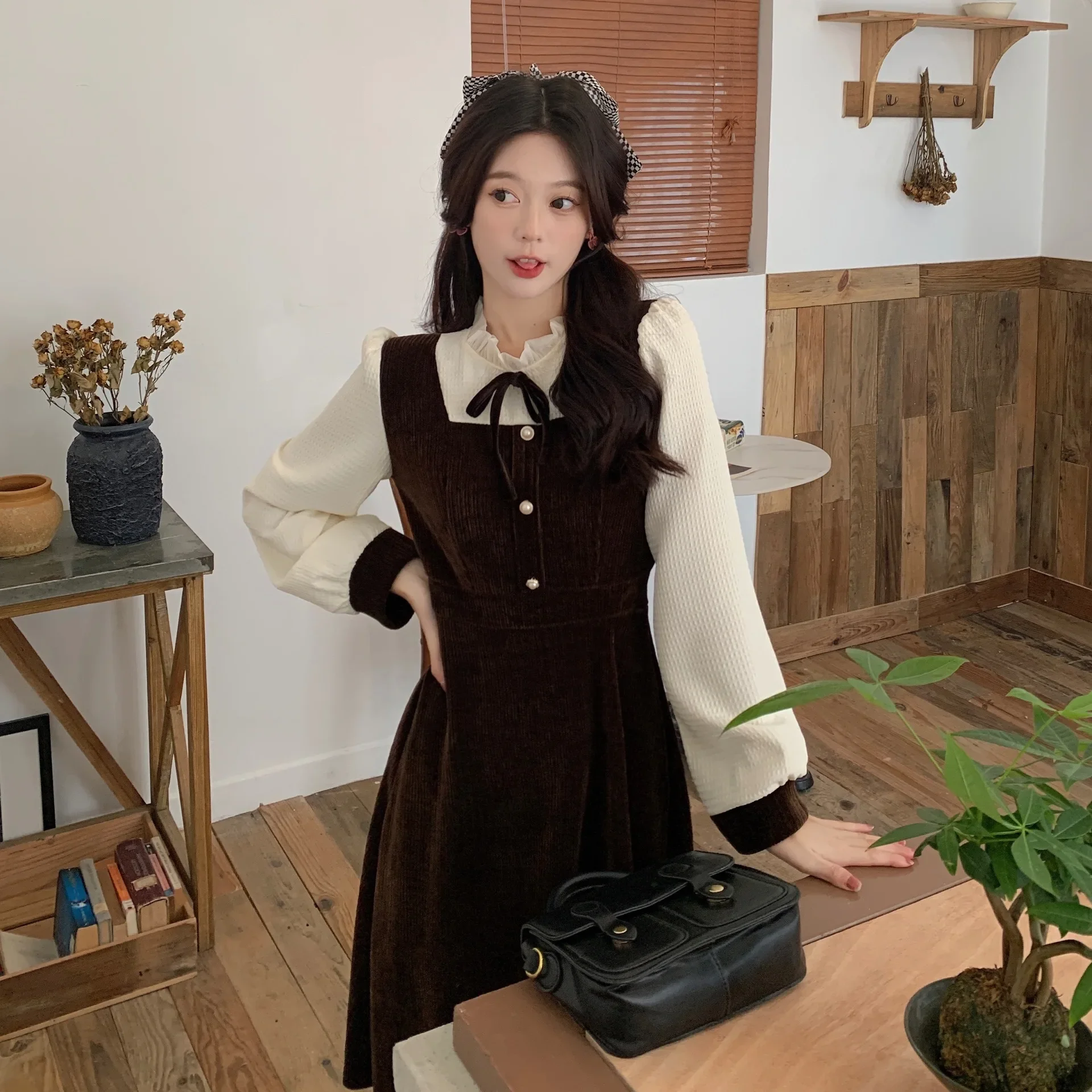 حجم كبير التخسيس النمط الفرنسي ميدي فستان وهمية قطعتين طويلة الأكمام الخريف الشتاء جديد وصول الخصر مقصوص للنساء القصيرة