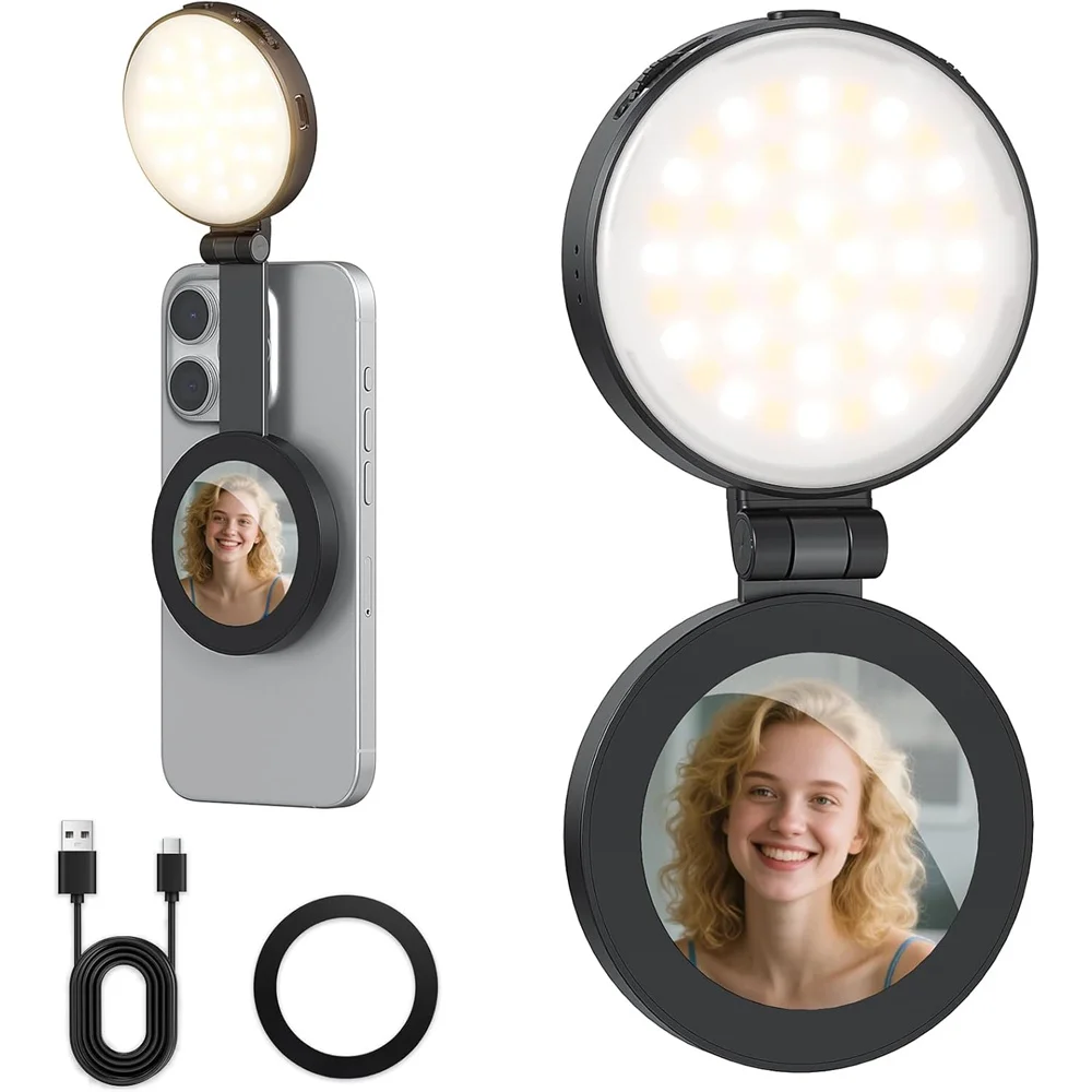 

VRIG FD-04 Magnetic Selfie Light w Mirror 3-Color Temperatures Phone Light for iPhone 17-12 MagSafe Video Recording Selfies Vlog