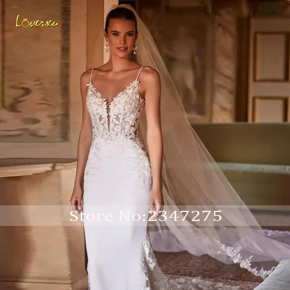 Loverxu 인어 섹시한 웨딩 드레스 여성을위한 스파게티 스트랩 Vestido De Novia 레이스 아플리케 새틴 맞춤 제작 신부 가운
