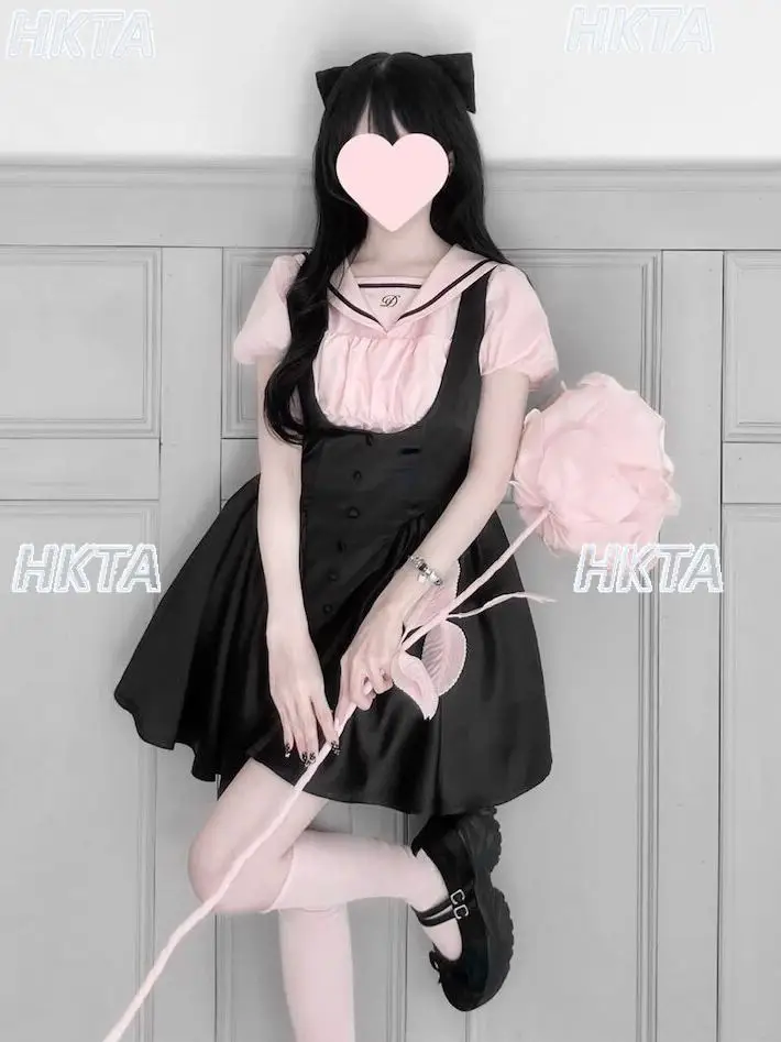 Japanese Sweet Navy Collar Bubble Short Sleeved Shirt Top High Waist Color Matching Ruffle Edge Vest Dress  Two Pieces Set Women