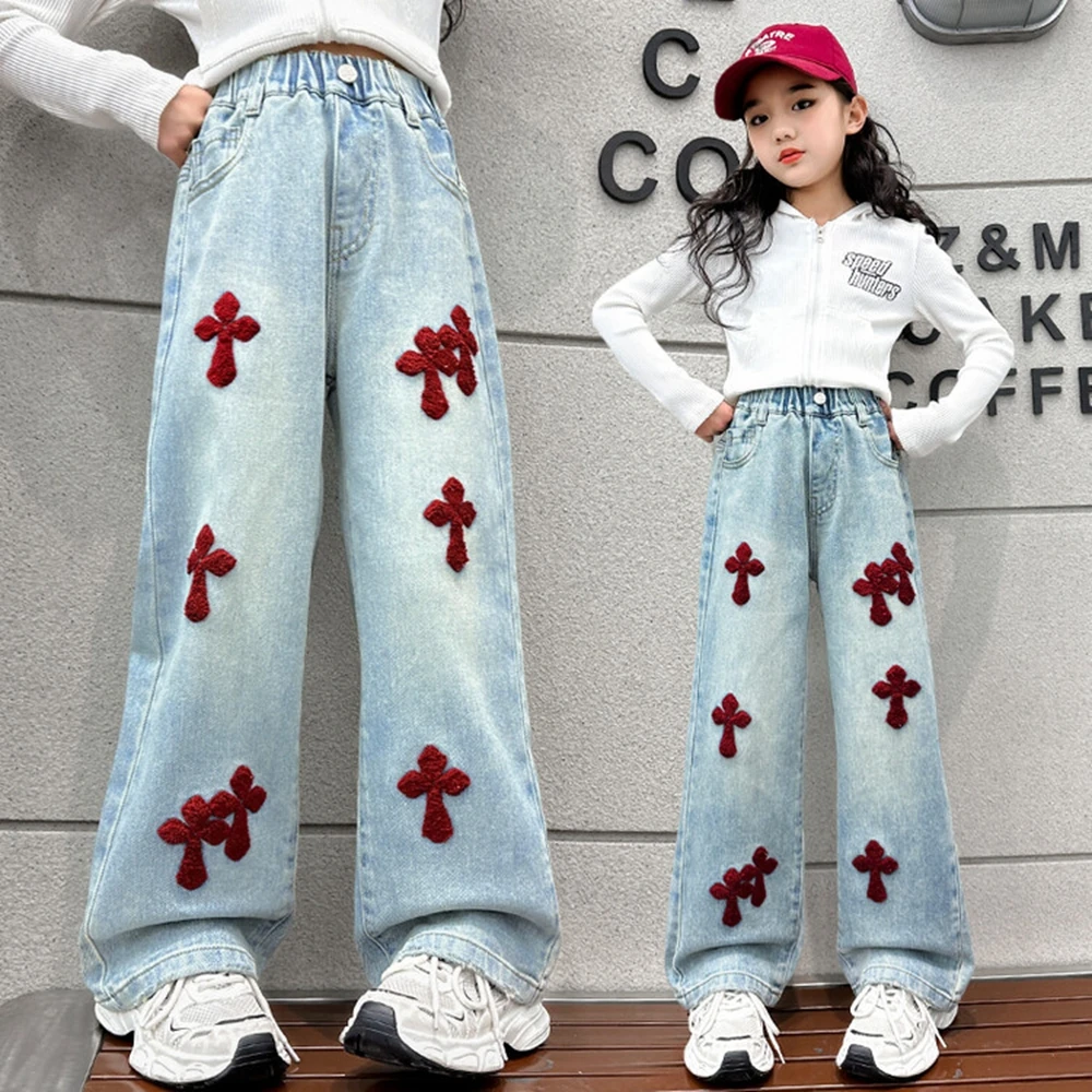 Spring Autumn Teenagen Girls Jeans Child Towel Embroidered Wide Leg Long Pants Baggy Denim Trousers for Kids 6 8 10 12 14Yrs