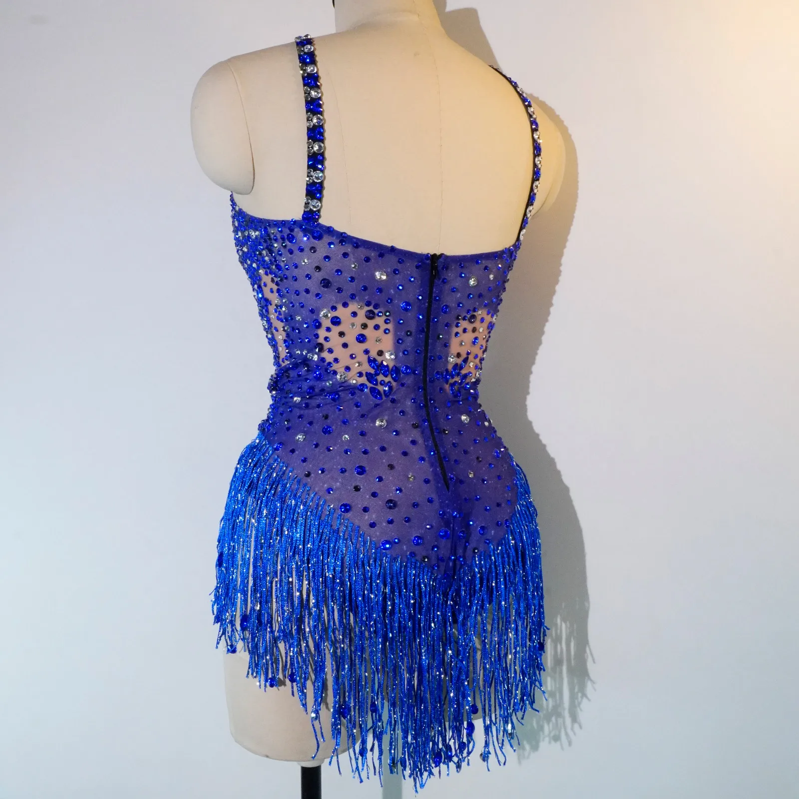 Sexy Skinny Women Dance Costume Sparkly Blue Rhinestones Fringes Bodysuit Leotard Singer Dancer Show Stage Wear Queen Nightclub