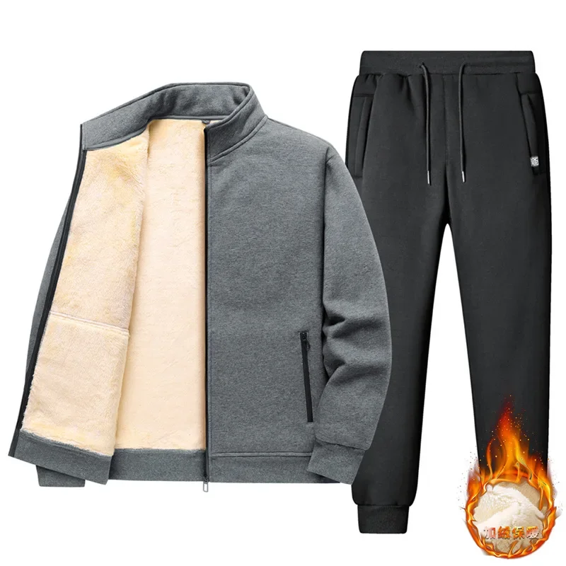 Winter Warm Cashmere Sets Thermal Hoodies Fleece Tracksuit Hooded Windproof Mens Running Sportswear 2 Pieces Jacket + Pants