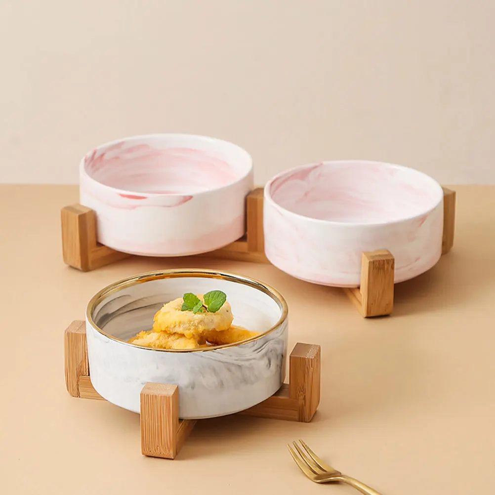 

Comfortable And Practical Grey Marble Cat Bowls With Wooden Stand For Pet Dining Experience