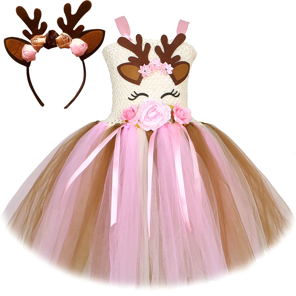 Pink Flowers Deer Costumes for Baby Girls Christmas Tutu Dress Kids Animal Reindeer Outfits Children Xmas Gift New Years Clothes