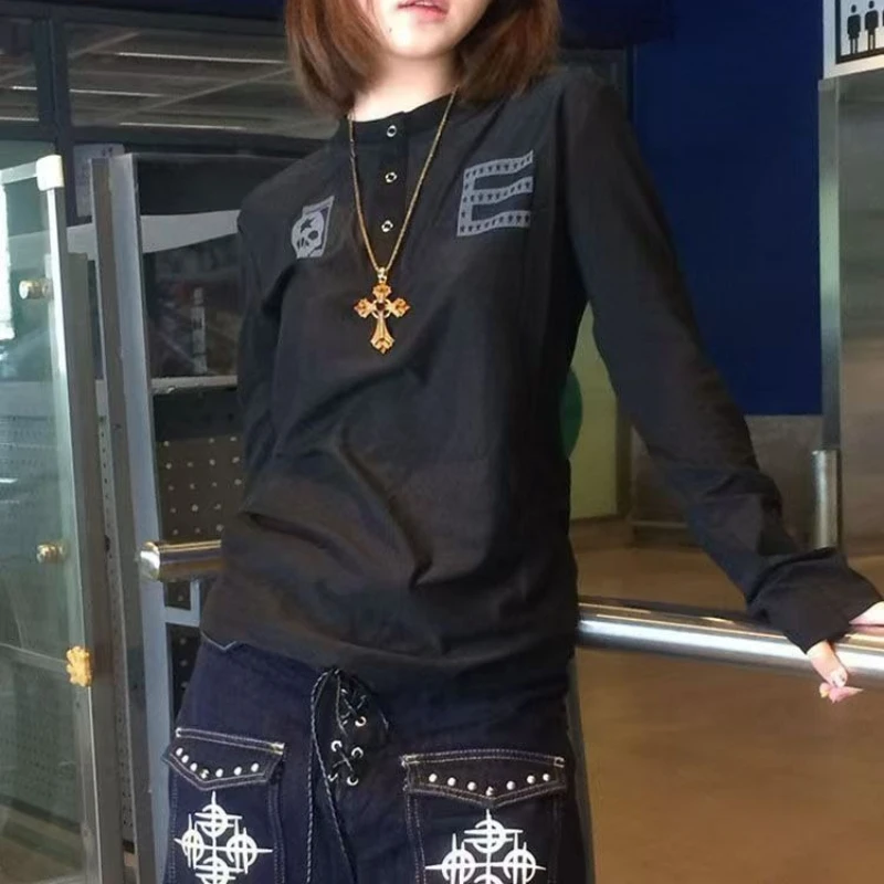 Vintage Y2K High Street Hot Girl Graphic E Print Long Sleeve Henley T Shirt Women Slim Fit Grommet Cuff Casual Streetwear Outfit