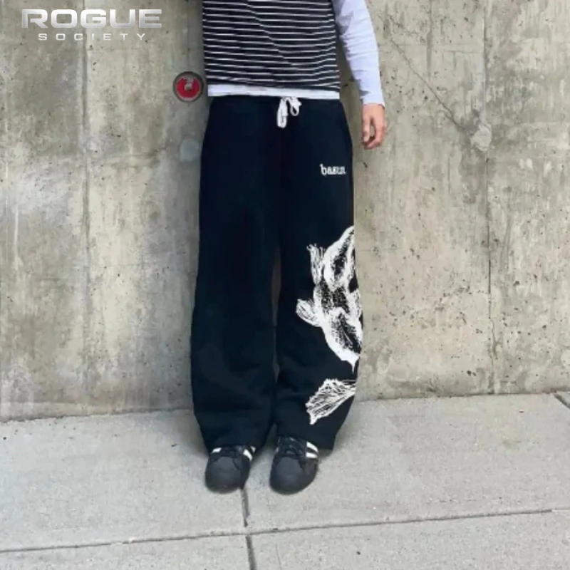 

Gothic Harajuku Fish Print Sweatpants Men Y2K Drawstring Loose Streetwear Pants Casual White Baggy Summer Sports Jogger Trousers