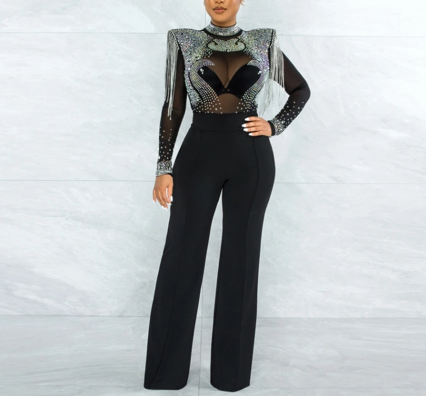 Women's Jumpsuit Sexy Party Club Wear Solid Color Mock Neck Long Sleeve Sheer Mesh Rhinestone Tassels Design Skinny Jumpsuit