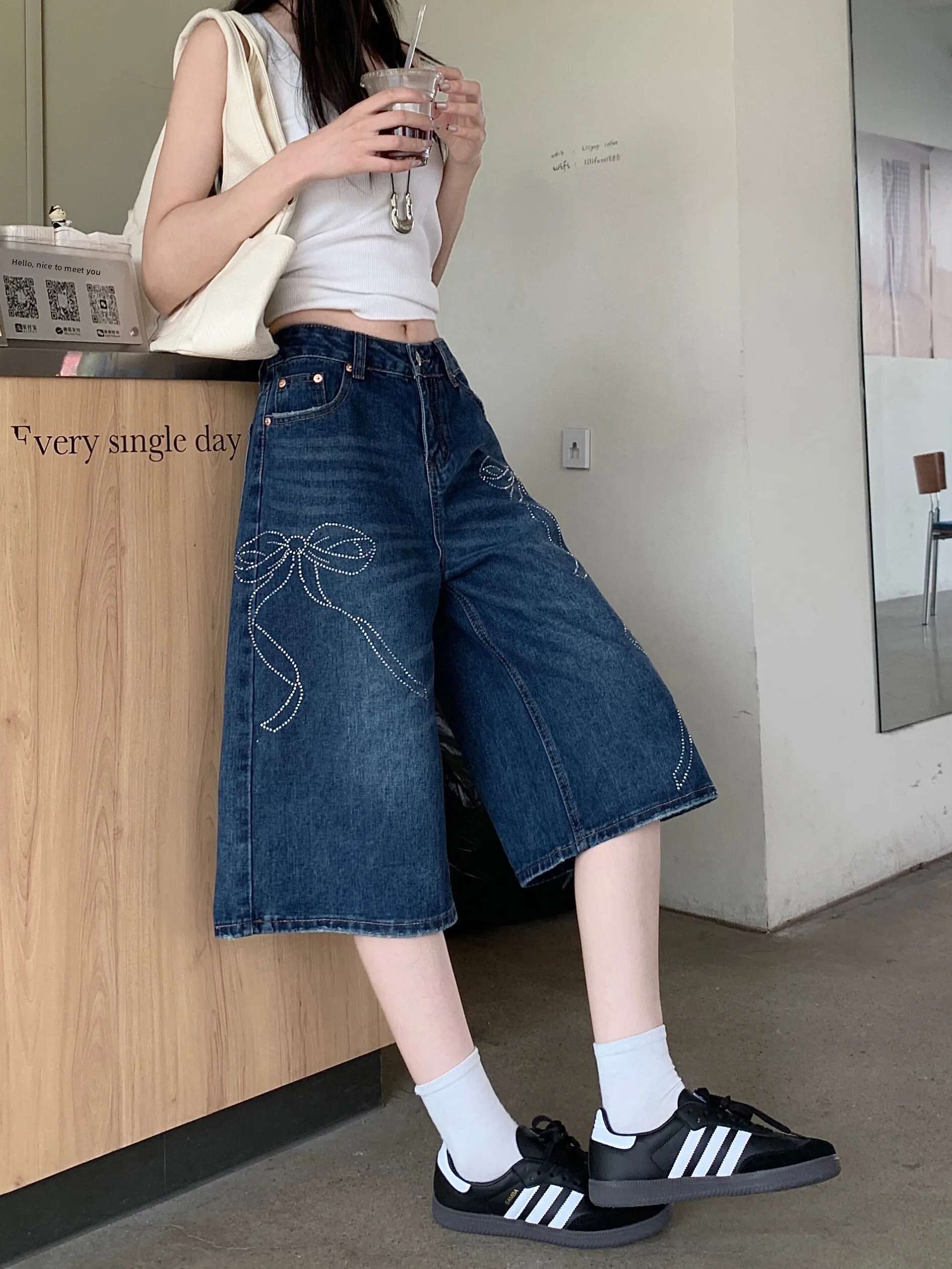 

plus Size Women's Design Sense Waed Knot Rhinestone Denim Seven-Foot Pants Street Straight Loose Wide Leg Mid-Pants