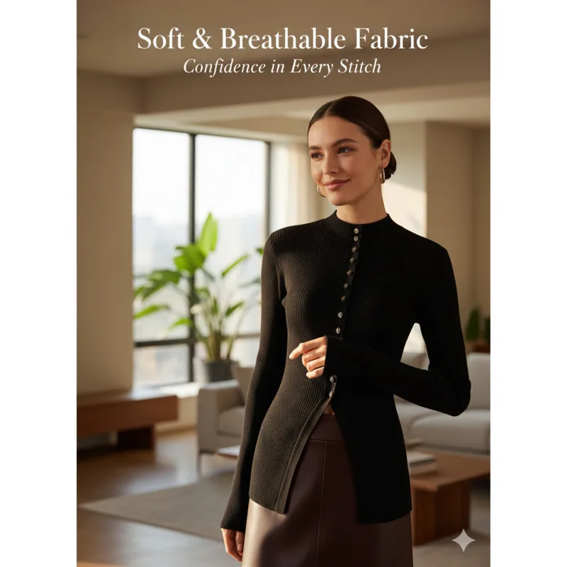 أنيقة ضئيلة مضلع سترة سترة المرأة طويلة الأكمام واحدة الصدر تريكو الصلبة أعلى لخريف شتاء مكتب الزي اليومي