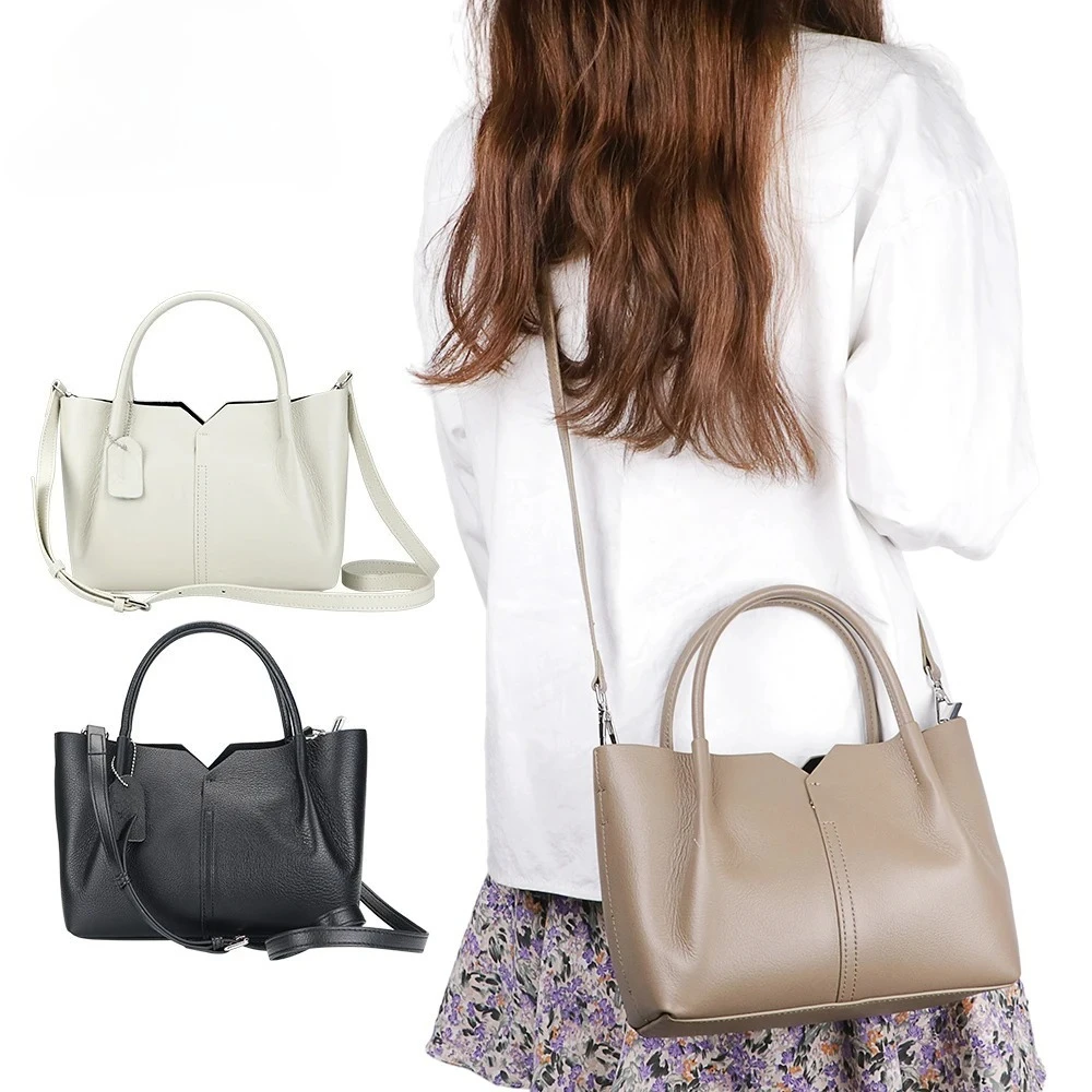 

Solid Color Genuine Leather Top-Handle Bag For Women Fashion Casual Large Capacity Crossbody Bag And Adjustable Shoulder Strap