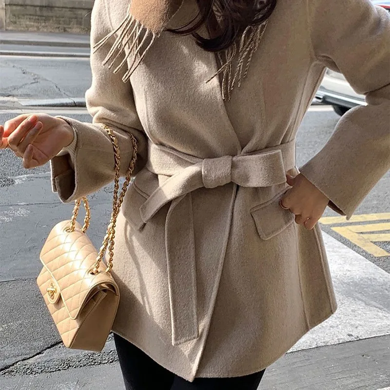 Korean Style V-Neck Belted Short Woolen Coat Simple Elegance Gentle Woolen Outerwear Polyester Fiber Long Sleeve Open Front