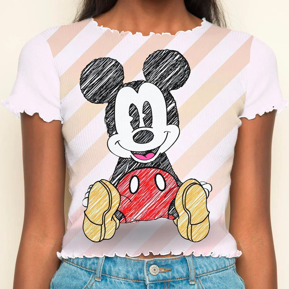 Crop Tops Sexys Summer Clothes Women 2024 Short Sleeve Disney Lettuce Trim T-shirts T-shirt Minnie Mouse Woman Clothing Y2k Top