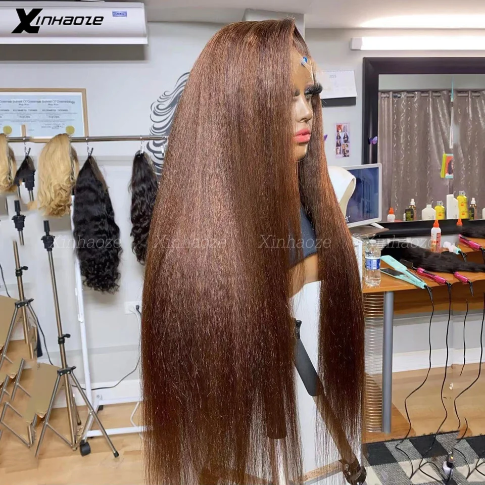 Dark Brown Kinky Straight Full Lace Wig Human Hair Full Density Kinky Straight Glueless Full Lace Wigs Can Make High Ponytail