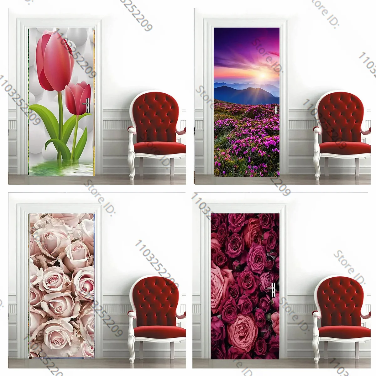 Flower Field Mountain 3d Door Stickers Sunshine Flower Decal Nature Scenery Wallpaper Poster Living Room Bedroom Decoration