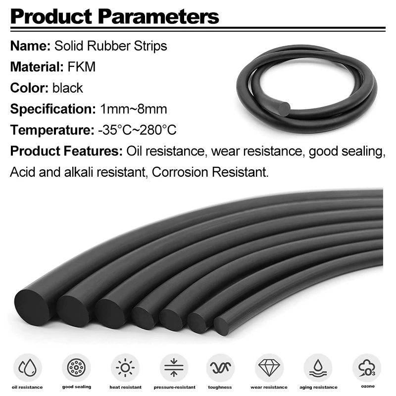 Durchmesser 1mm-10mm, 1M-5M, massiver schwarzer FKM-Rundstreifen, O-Ring-Gummischnur, gute Abdichtung, öl- und chemikalienbeständig, Dichtungsband für Autotürdichtungen – Detail 1