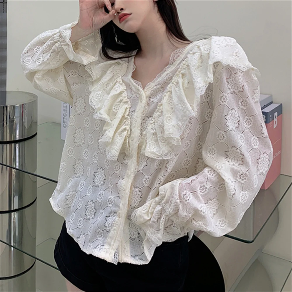 Spring Lace Shirts Women Florals Sweet Ruffles Chic 2023 Full Sleeve V-Neck Bottoming Gentle Fashion New Slim Mujer