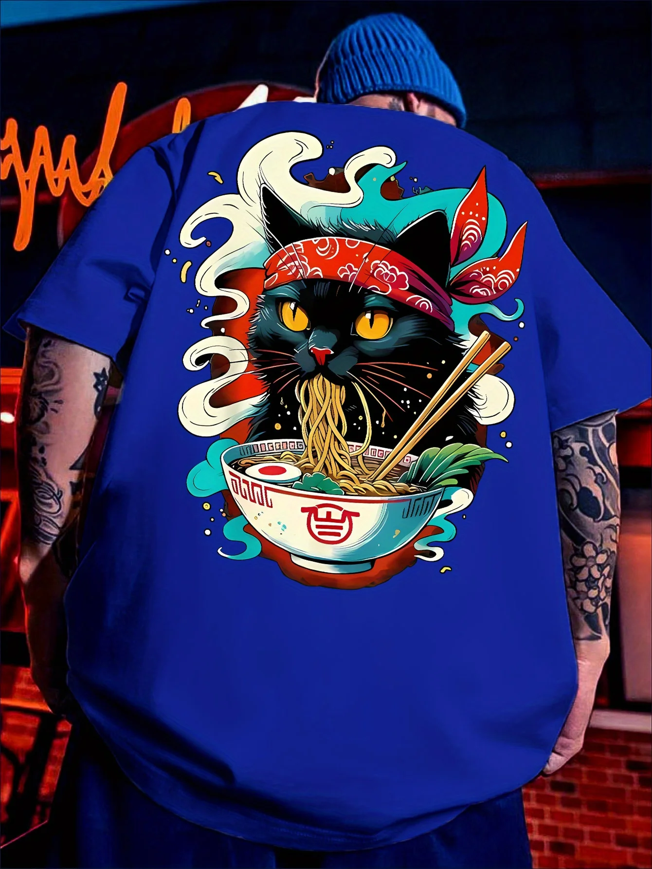 Summer Men's T-shirt with Japanese Ukiyo-e Black Cat Ramen 3D Print Short Sleeve, Loose Fit Street Style Quick-Drying Sports Top