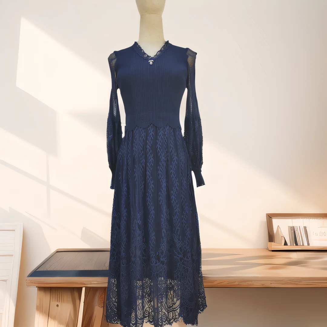 ZJYT Mesh Lace Patchwork Dress for Women Long Sleeve Spring Midi Dresses Elegant Vintage Casual Party Vestidos Femininos Blue