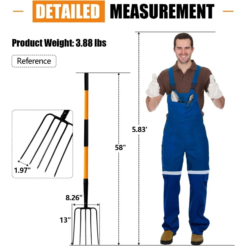 2025 5 Tine Pitchfork for Gardening, Heavy Duty Pitchfork with Fiberglass Handle, Garden Fork for Mulching, 58 Inches