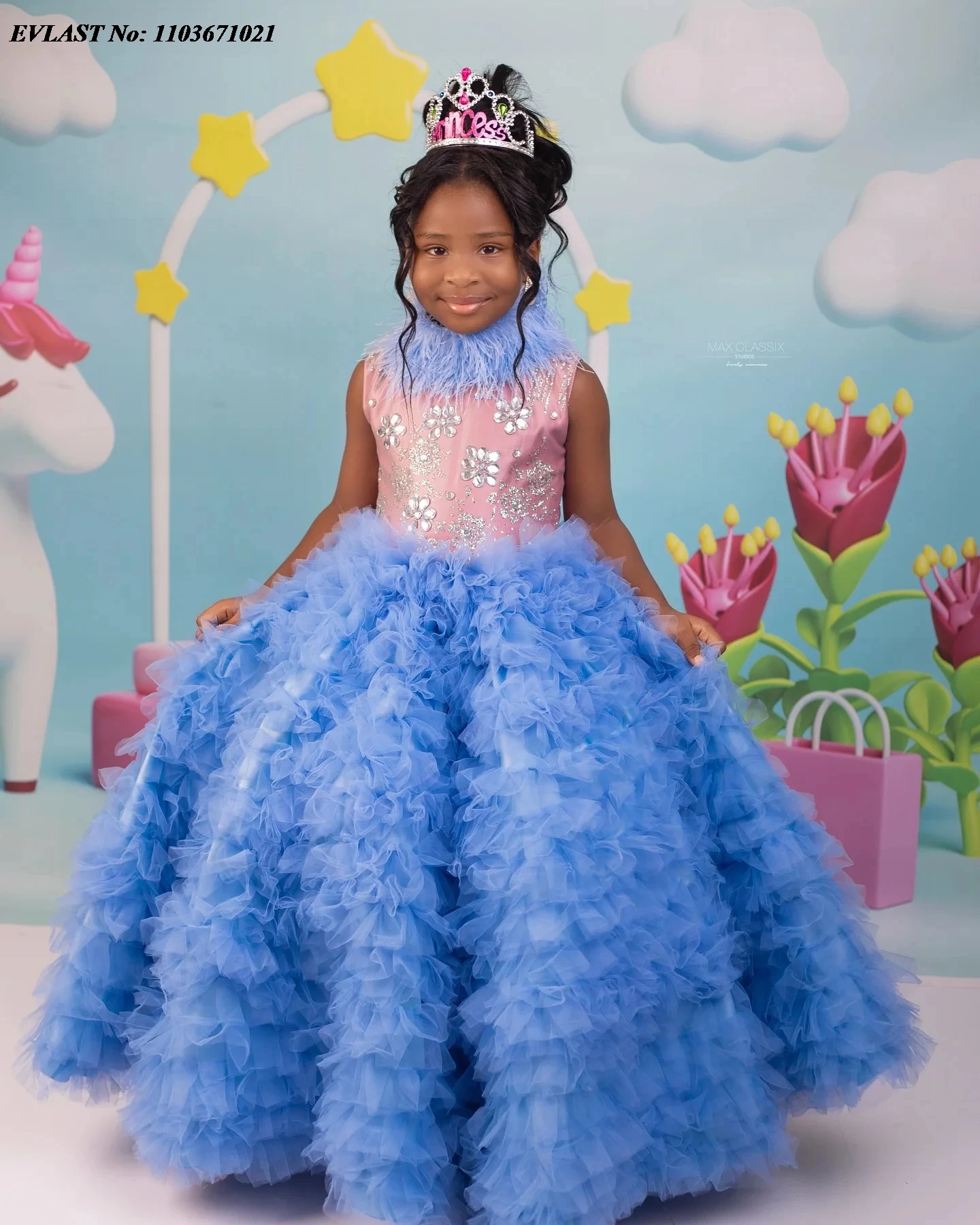 Evlast personalizado pena menina pageant vestido de flor vestido da menina para o casamento céu azul babados festa aniversário vestido photoshoot fd93