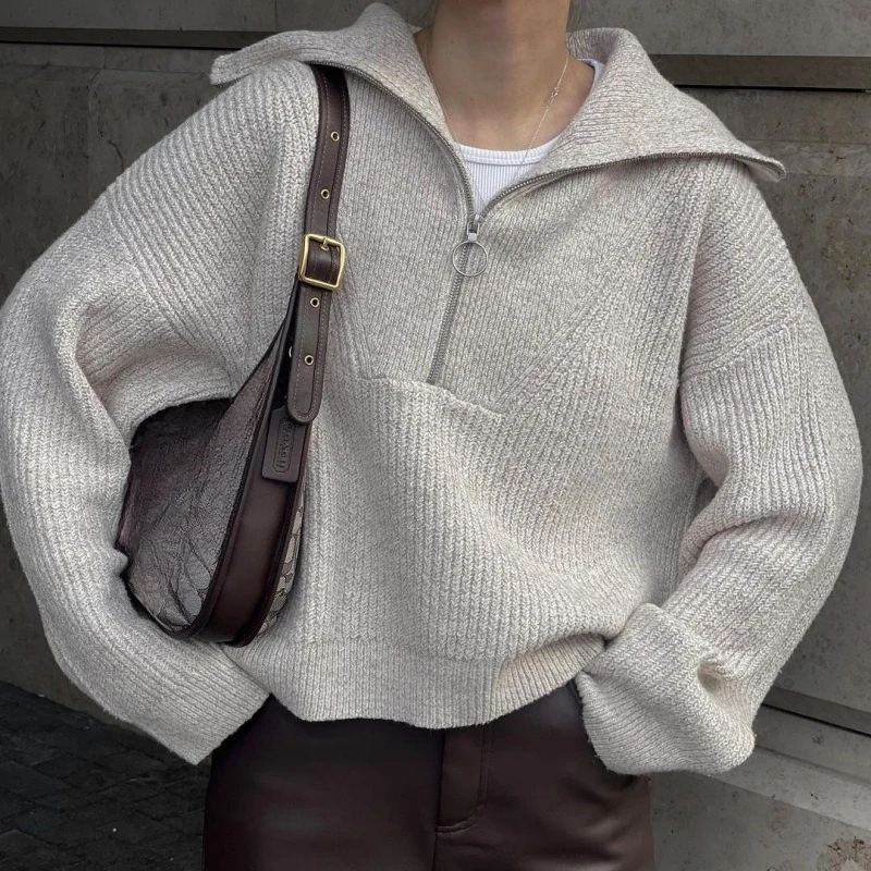 

2025 Casual Knitted Outdoor Coat Sweaters Women Sweater Autumn Winter Fashion Loose Long Sleeve Half Zip Lapel Pullover Sweater