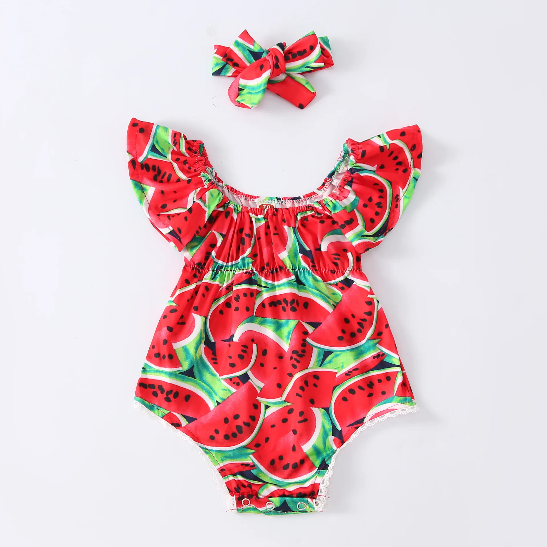 Baby Mädchen Rosa Wassermelonen-Print Strampler Säugling Rüschen-Body mit Stirnband Neugeborenen Rotes Wassermelonen-Karnevalskostüm – Detail 2