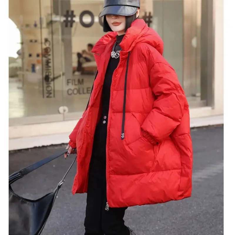 Chaquetas de plumón con capucha de longitud media para mujer, abrigos acolchados sueltos informales, chaquetas gruesas y cálidas a prueba de viento, chaquetas de plumón sólidas