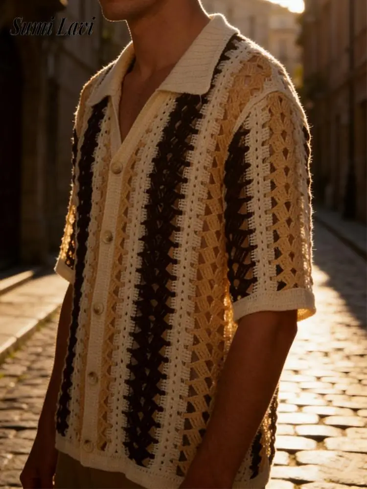 

2026 весна-лето, повседневные мужские вязаные рубашки, топы, винтажные ажурные трикотажные рубашки, мужские модные полосатые рубашки контрастного цвета