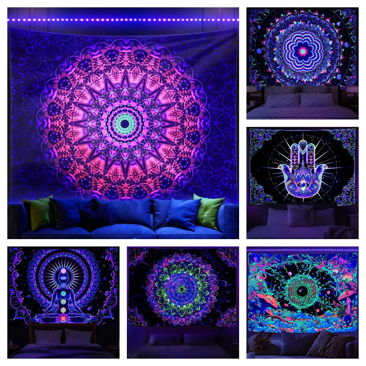 Blacklight  Mandala Tapestry Bohemian Hippie Room Decor Aesthetic UV Reactive Yoga Meditation Wall Hanging Tapestrie for Bedroom