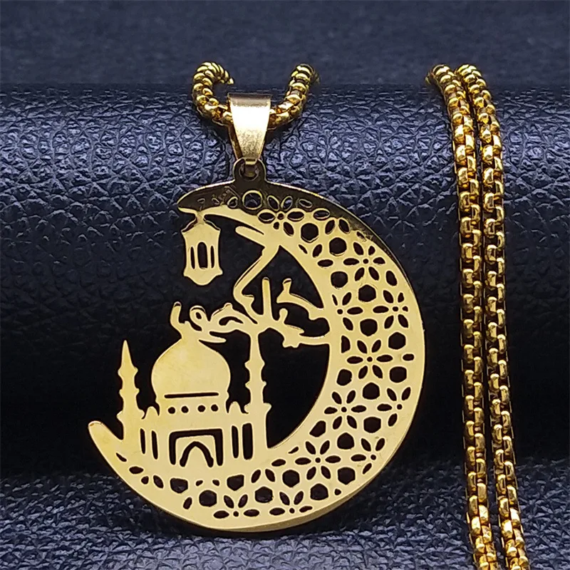 2024 new fashion stainless steel hollow mosque Moon pendant clavicle chain everything necklace accessories anniversary jewelry
