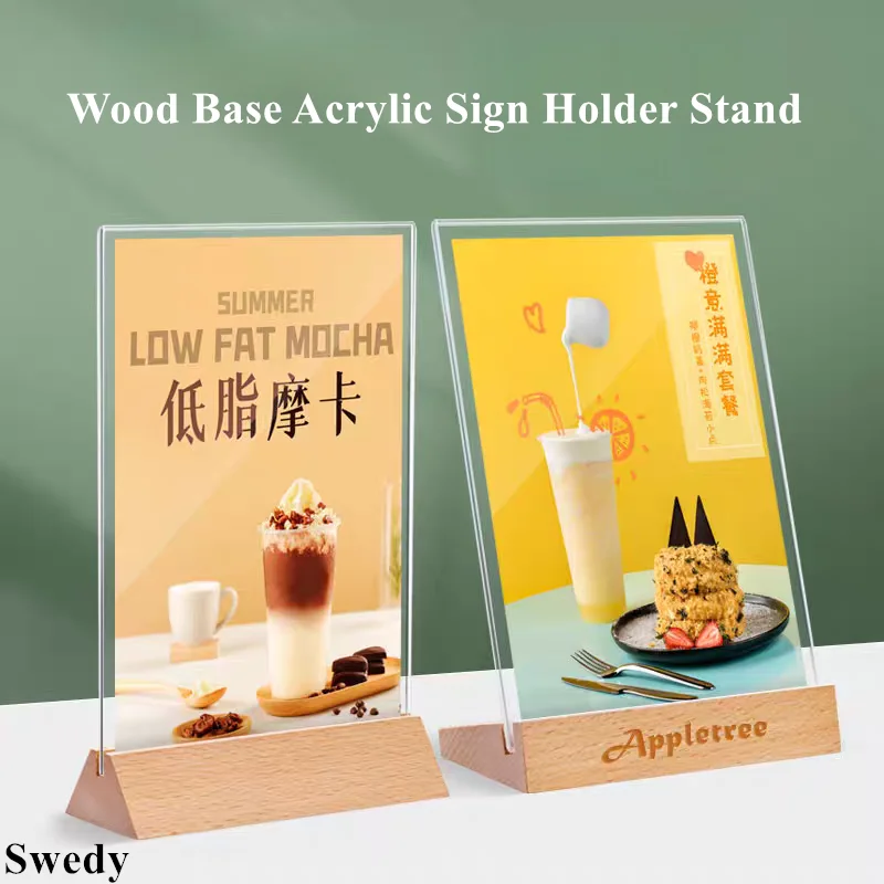 

A5 148X210MM Wood Base Acrylic Sign Holder Wedding Baby Photo Picture Frame Restaurant Table Menu Paper Holder Display Stand