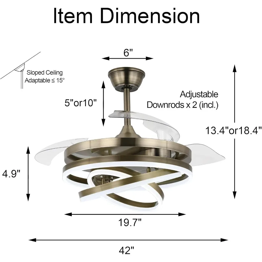 مروحة سقف قابلة للسحب مع أضواء مدمجة وجهاز تحكم عن بعد للاستخدام السكني الداخلي بتصميم 42 بوصة تتميز بـ 6 سرعات D #2