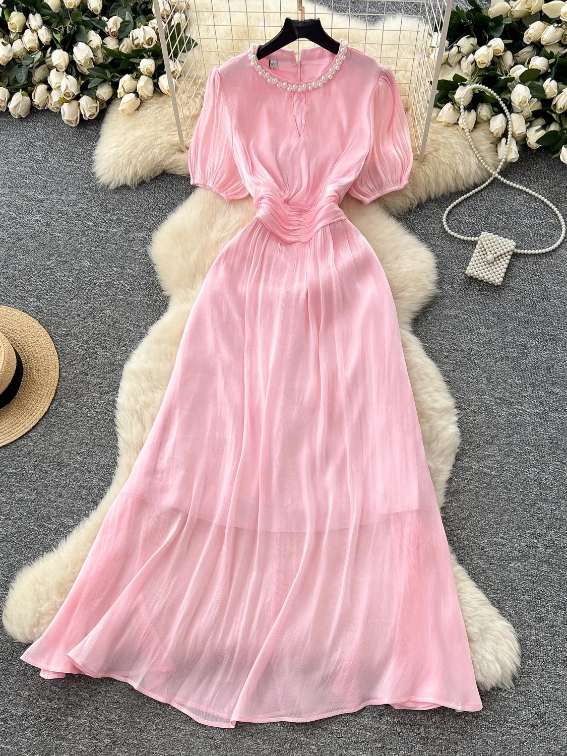 Ele Satin Feel Bubble Sve Dr femmes été minceur taille haute a-ligne Midi Dr coréen Sle ort Sve