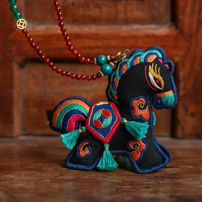 Year of the Horse embroidery happy horse handmade three-dimensional double-sided high-end peace symbol pendant New Year's gift
