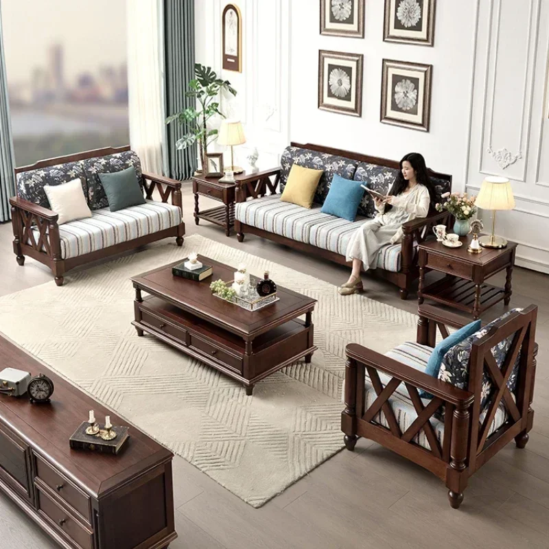 Solid Wood Sofa Fabric Combination Xiaomei Style Small Apartment Living Room Retro Country Walnut Wood Log Furniture