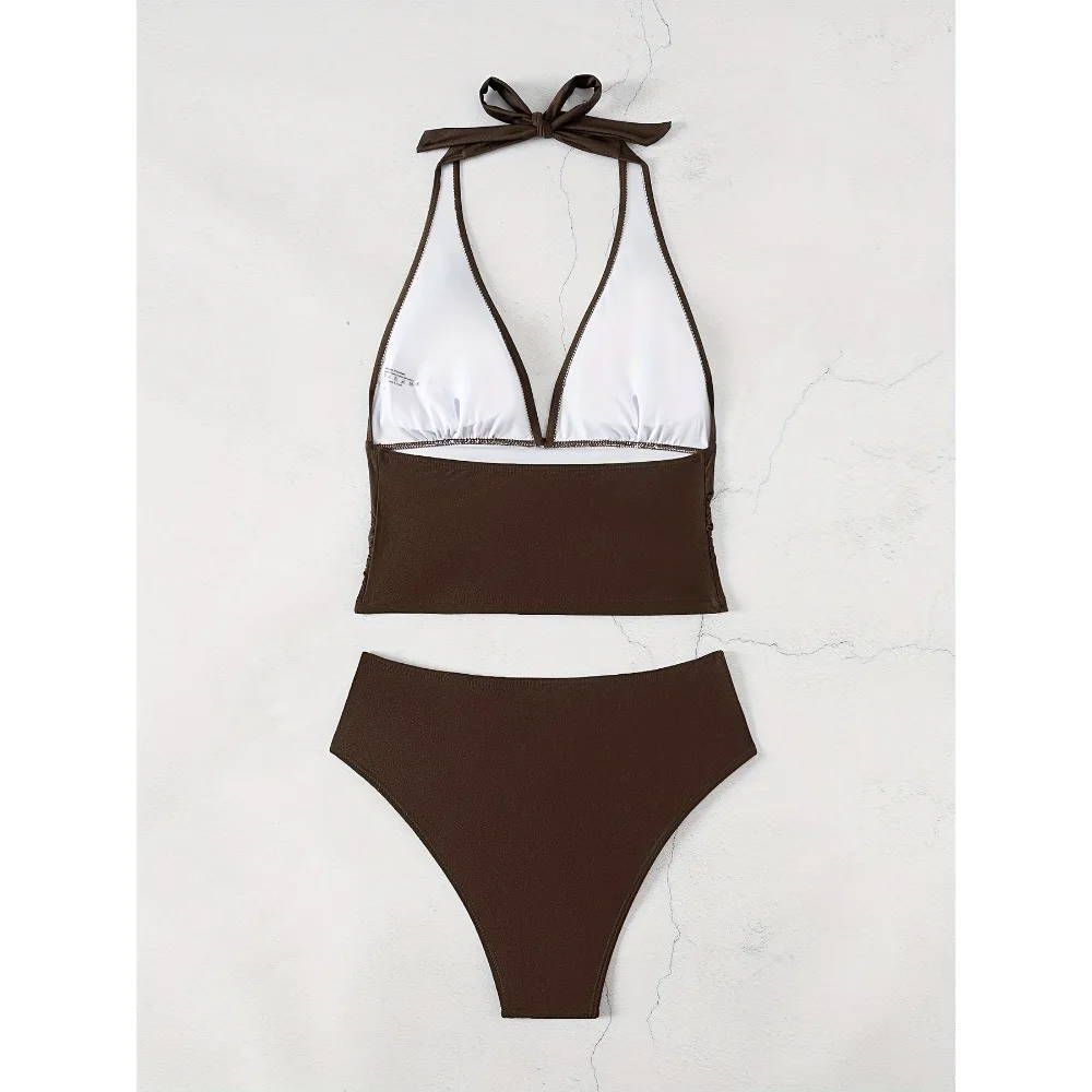 Seksowne bikini z wysokim stanem 2025, damski strój kąpielowy dwuczęściowy, damskie zestawy bikini, brązowe kostiumy kąpielowe, brazylijskie biquini, strój na basen